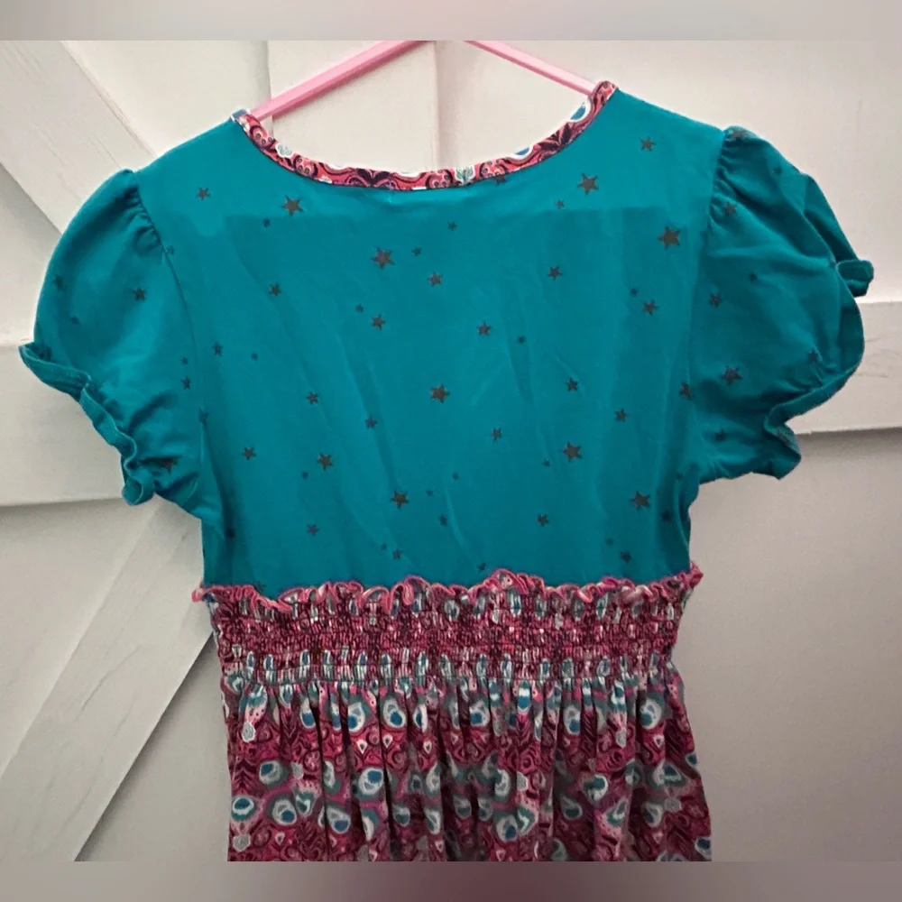 Matilda Jane Teal, Coral, & Yellow Smocked Sundress with Puff Cap Sleeves- Sz 8 - Picture 10 of 16